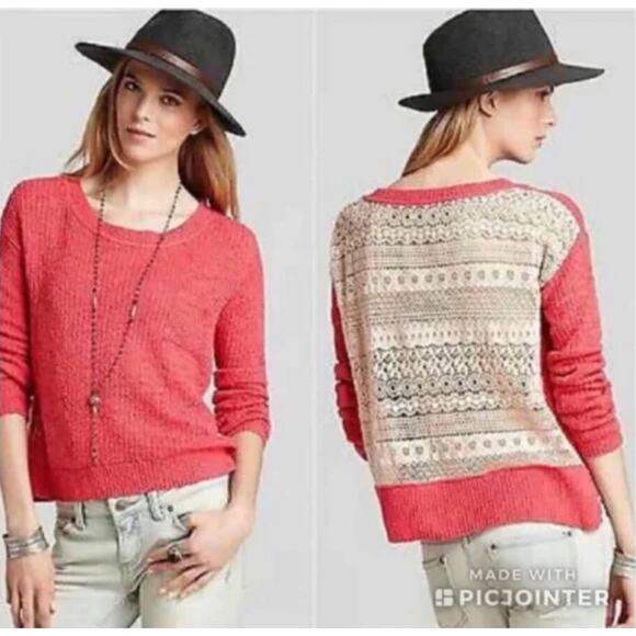 Free People Sweet Jane Crochet Back Pink Strawberry Sweater Oversized Boho Small - Picture 1 of 11